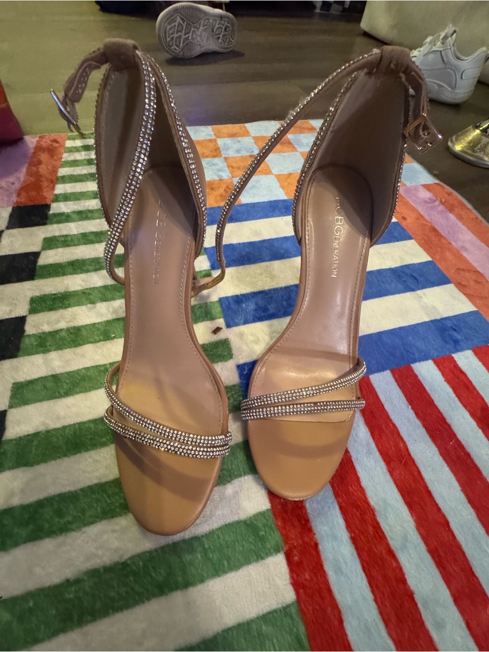 BCBG Nude/Tan Rhinestone Ankle-Strap Heels